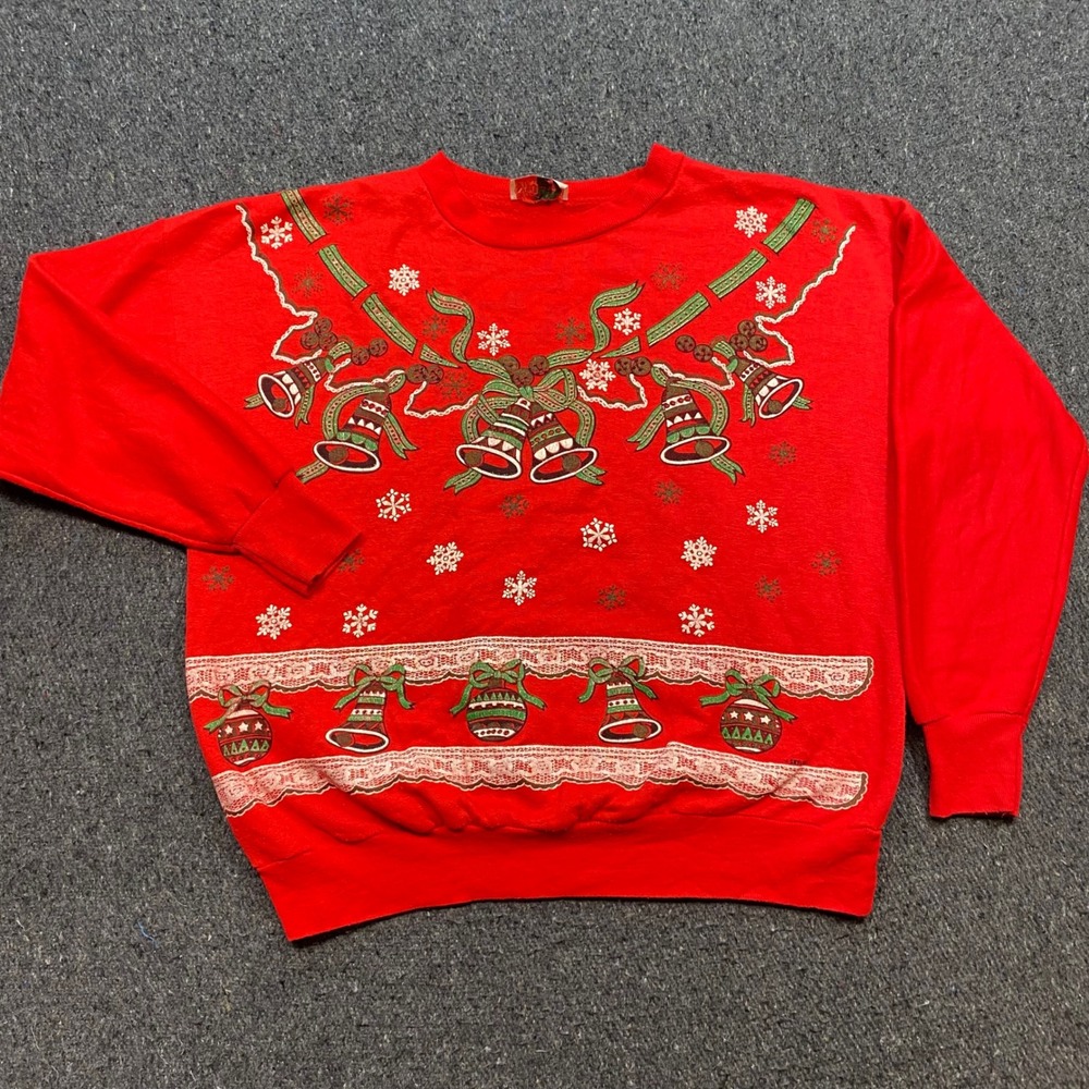 Nut Cracker Christmas Sweatshirt Sz L Mens Red Retro Holiday Bells Graphic Shirt